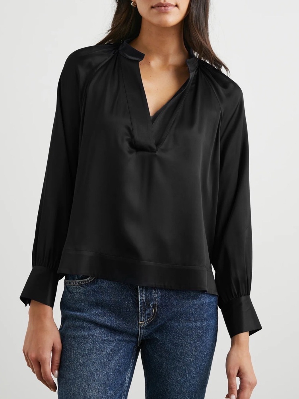 Rails Black Satin V-Neck Long-Sleeve Blouse